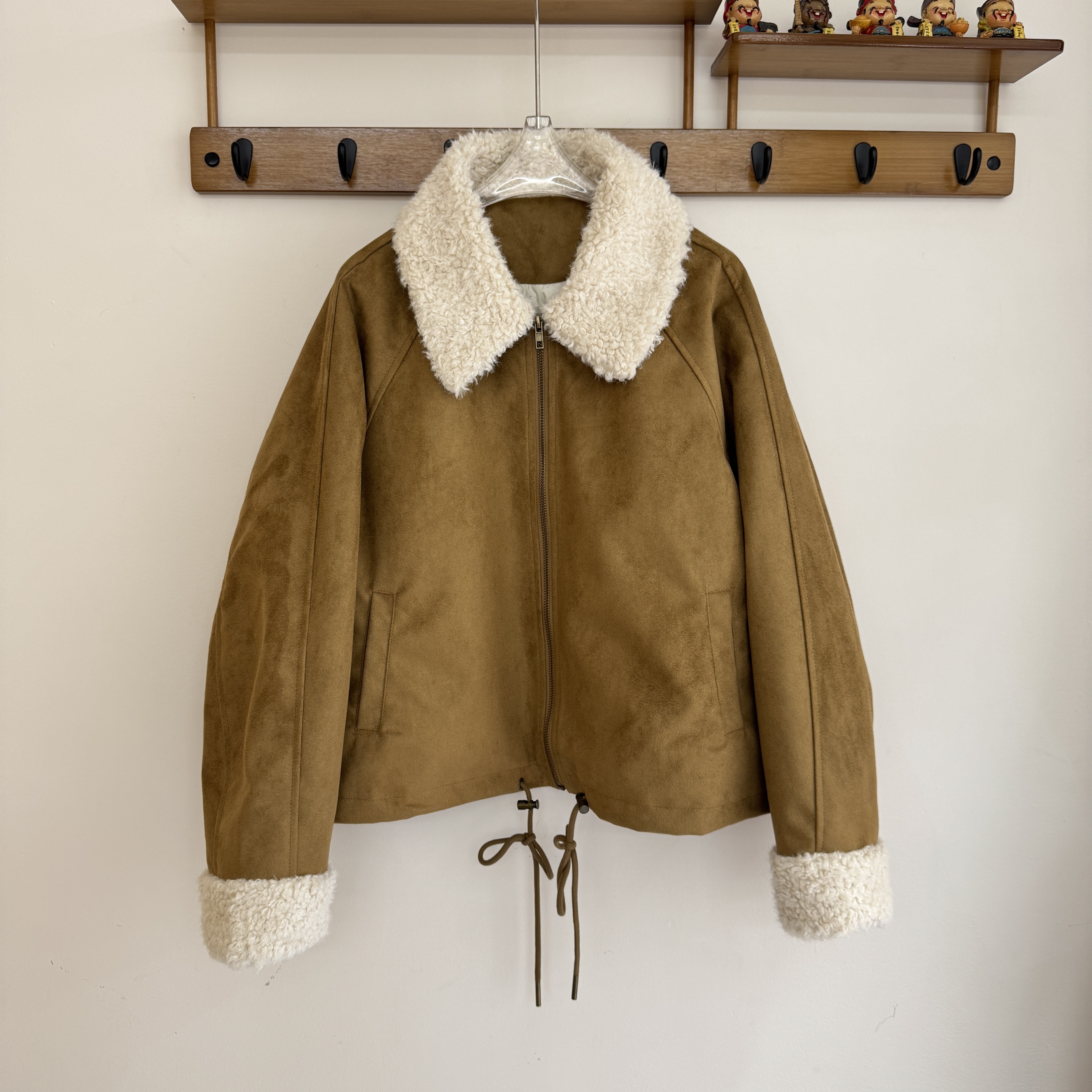 韩系时尚拼接羊羔毛翻领鹿皮绒羽绒服外套女宽松休闲90白鸭绒冬季