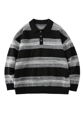 Pureピュア  男装毛衣秋款小众条纹设计棉质针织衫翻领毛衣
