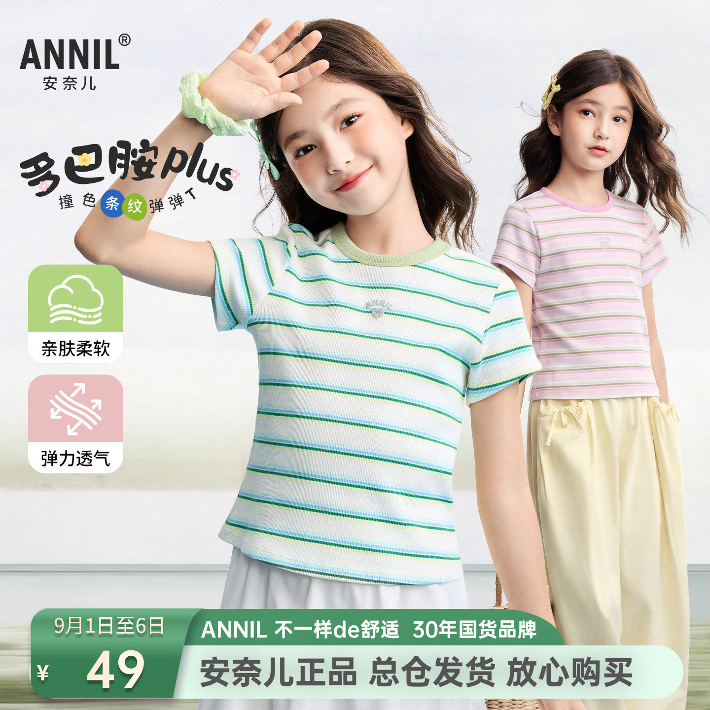 安奈儿女童装圆领短袖T恤衫2026夏新款短款修身休闲条纹上衣百搭图片