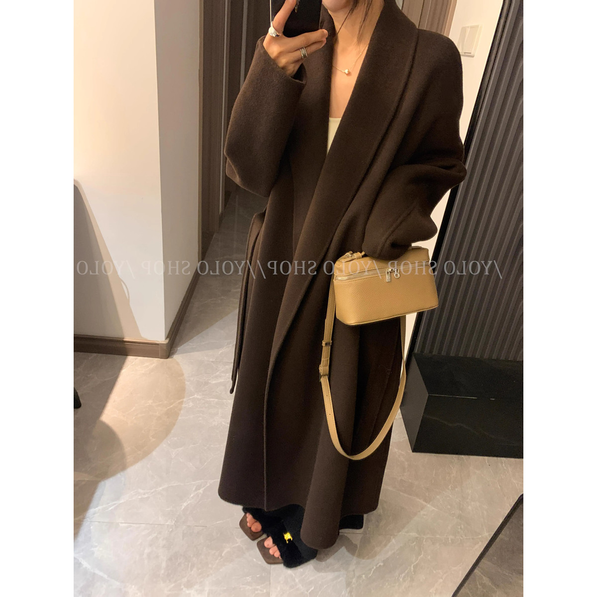 系带慵懒风羊绒大衣女秋冬 经典浴袍领长款双面呢高级感羊毛外套