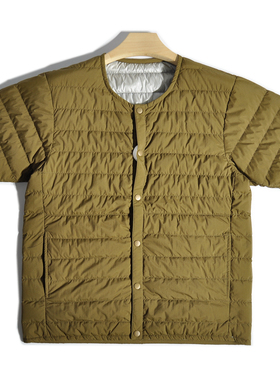 日系复古山系户外轻薄白鸭绒保暖内胆羽绒服半袖叠穿无领短袖外套