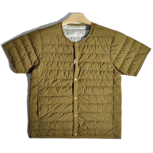 日系复古山系户外轻薄白鸭绒保暖内胆羽绒服半袖叠穿无领短袖外套