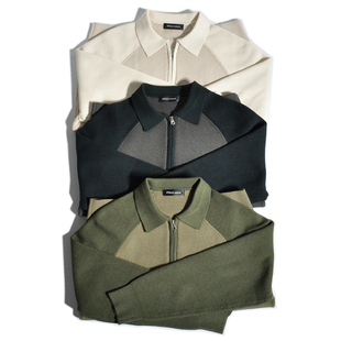 美式 老钱风轻熟雅痞毛衣外套 复古巴恩风撞色半拉链polo翻领针织衫