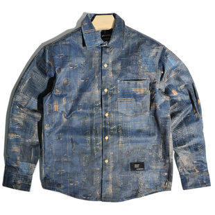 日潮港风痞帅中古褴褛破烂补丁做旧印花宽松休闲长袖 衣外套男 衬衫