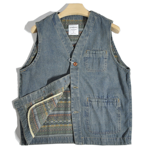 叠穿Vintage日系民族风阿美咔叽港风V领牛仔马甲美式 休闲背心坎肩