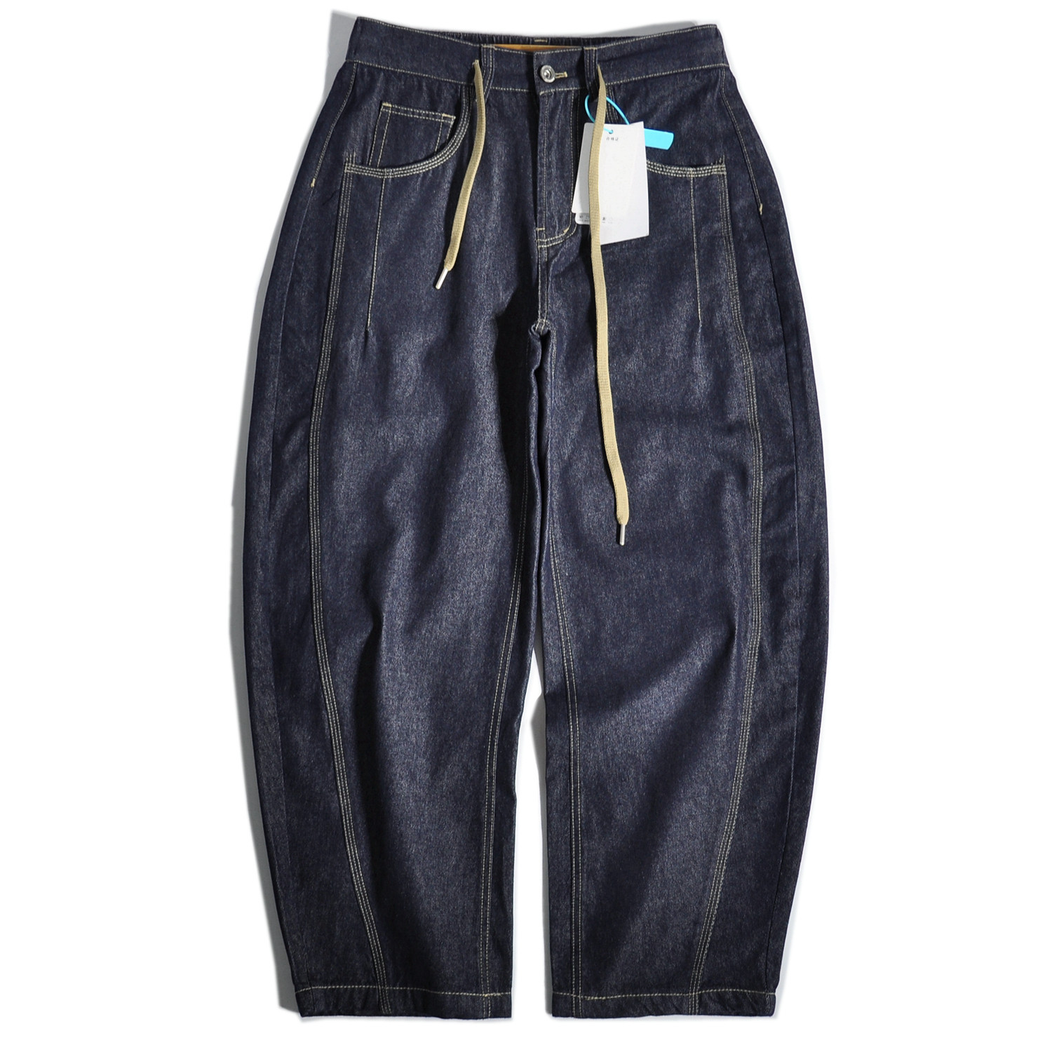 日系复古弯刀廓形萝卜牛仔裤拼接宽松直筒老钱风锥形阔腿休闲长裤,男装,牛仔裤,淘宝优惠券,粉丝福利购,淘宝优惠卷