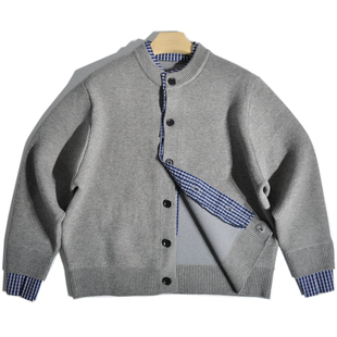 老钱巴恩风廓形毛衣外套 开衫 美式 复古假两件格子拼接棒球领针织衫