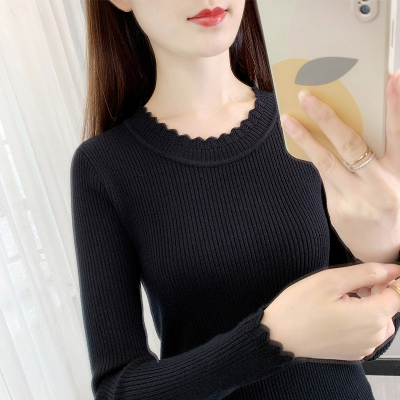 黑色打底衫女洋气春秋2025年新款圆领针织衫上衣修身内搭薄款毛衣