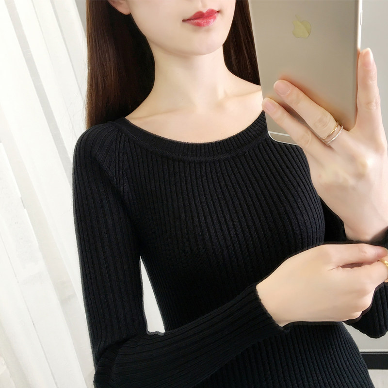 黑色打底衫女洋气春秋新款一字领针织衫内搭上衣修身紧身薄款毛衣