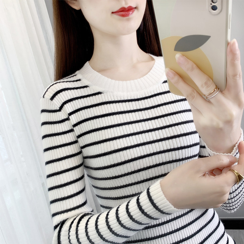 条纹针织衫女长袖内搭春秋新款小线衫上衣修身显瘦薄款毛衣打底衫