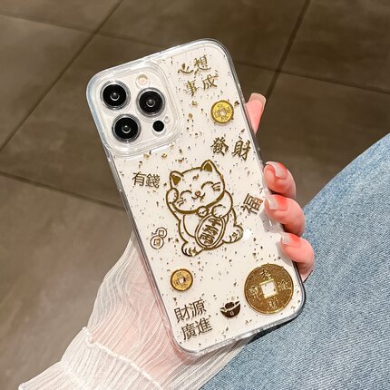喜庆春节中国风金箔招财猫适用苹果17 16 15promax 14 13mini手机壳iPhone12 11滴胶XR发财7幸运8plus 保护套