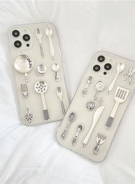 创意餐具刀叉适用苹果17 16 15 14手机壳iPhone13proXSMAX保护套xr8plus