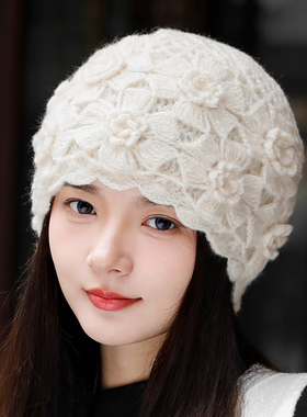 帽子2026新款包头毛线帽钩花朵保暖针织镂空士遮春女士帽子0123k