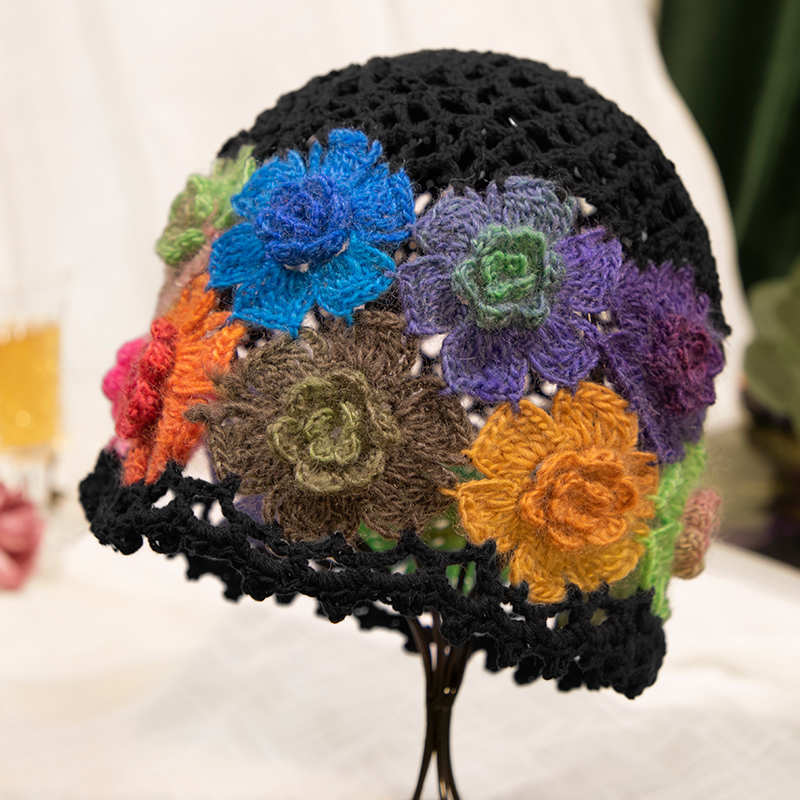 秋冬季帽子女款包头帽镂空花钩花女士月子帽花朵套头针织1128n