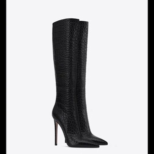 唇奈®鳄鱼纹！欧美尖头长筒靴女细跟高跟直筒靴显瘦骑士靴不过膝