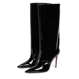 唇奈®reg欧美英伦风长筒靴时装 靴漆皮尖头大筒围细高跟高筒靴女