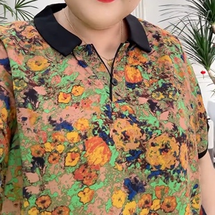 胖妹妹夏季薄款大码翻领碎花雪纺T恤衫女短袖洋气小衫中老年上衣