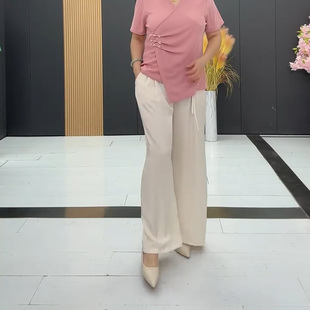 2026夏季新款加大码女装松紧腰盘扣镊褶醋酸料阔腿裤直筒休闲裤子