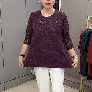 秋季女款加肥加大码纯色提花圆领烫钻长袖蕾丝打底衫宽松显瘦上衣