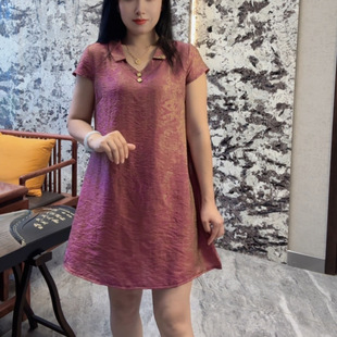 夏季 提花冰絲麻連衣裙寬松顯瘦 純色翻領(lǐng)短袖 休閑百搭女加肥加大碼