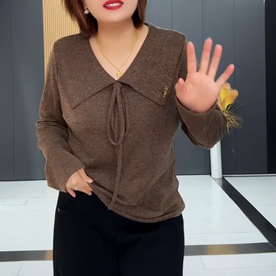 韩版纯色娃娃领系带长袖打底衫