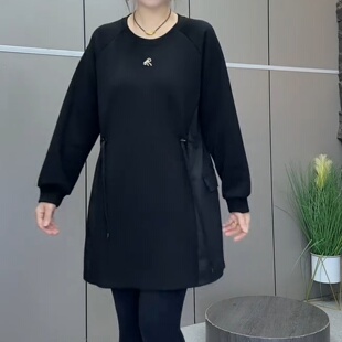 秋季胖妹妹黑色圆领拼接长袖打底衫连衣裙加肥加大码宽松显瘦气质