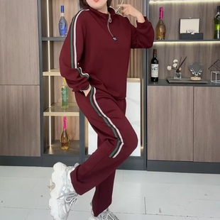 秋季休闲百搭加肥加大码半拉链侧帕条长袖上衣裤子两件套宽松遮肉