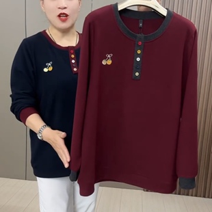 秋季胖妹妹彩扣圆领长袖打底衫加肥加大码宽松显瘦百搭减龄上衣