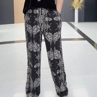 2025早秋新款时尚加大码印花休闲裤子宽松显瘦百搭冰丝麻阔腿裤女