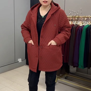 二棉服棉衣外套显瘦款 春季 纯色连帽纽扣开衫 百搭女加肥加大码 时尚
