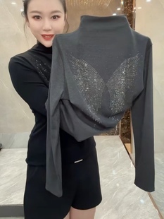 冬季时尚洋气大码女装半高领烫钻蝴蝶长袖打底衫显瘦薄绒保暖T恤