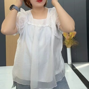 减龄气质宽松显瘦小衫 洋气法式 春夏季 女纯色短袖 荷叶边方领雪纺衫