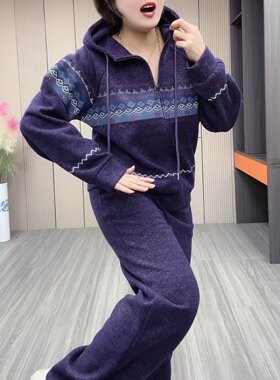 秋冬加大码女连帽运动两件套