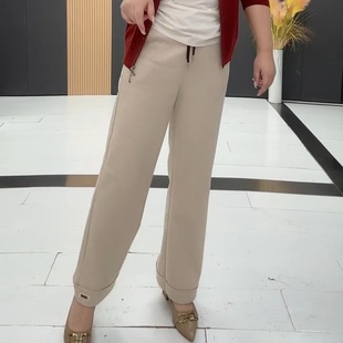 2026春季新款大码女装休闲裤子松紧腰抽绳宽边裤脚窄版直筒裤长裤