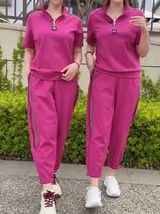 2025夏季新款时尚气质显瘦短袖上衣彩条裤子两件套中老年妈妈装女