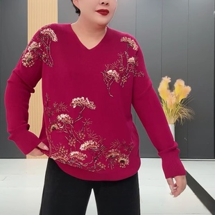 重工钉珠大码女装长袖针织衫2025冬季新年款时尚V领妈妈装打底衫