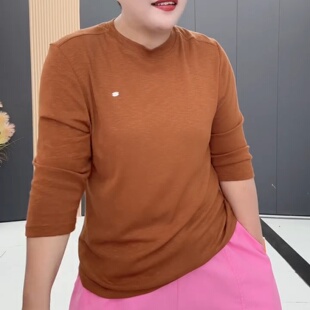 早秋女款加肥加大码纯色圆领七分袖T恤宽松遮肉简约休闲百搭上衣