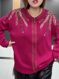 春季时尚洋气女装加肥加大码圆领重工刺绣花朵长袖针织衫毛衫外套