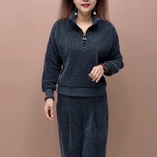 冬季时尚气质女韩版加肥加大码半拉链长袖波浪纹长裤两件套显瘦款