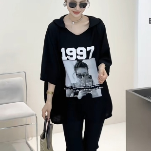大码女装连帽短袖T恤女2026夏季新款1997数字印花宽松中长款上衣