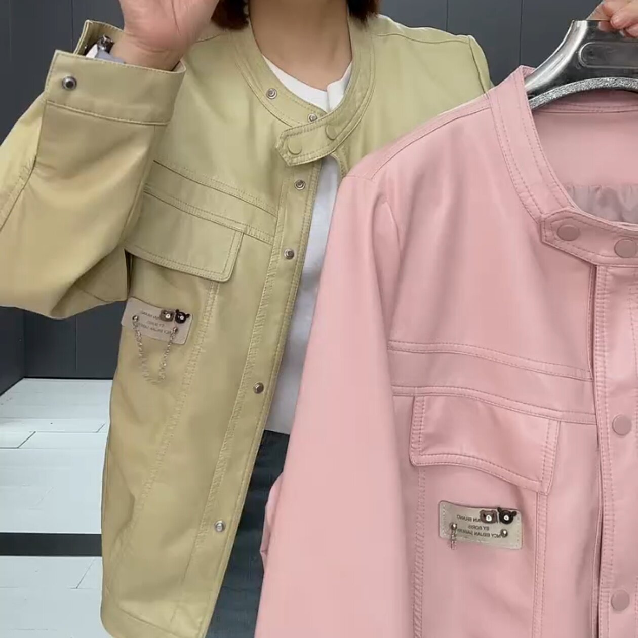 春季大码女装彩色PU皮外套短款圆领纽扣开衫夹克上衣百搭时尚流行