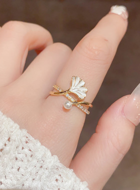 法式时尚轻奢微镶银杏叶开口戒网红个性小众设计感食指戒