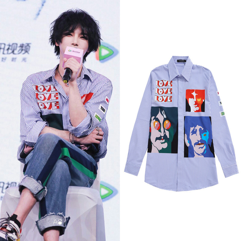 华晨宇同款衣服衬衫明日之子蓝白条纹男女情侣宽松印花欧美百搭潮