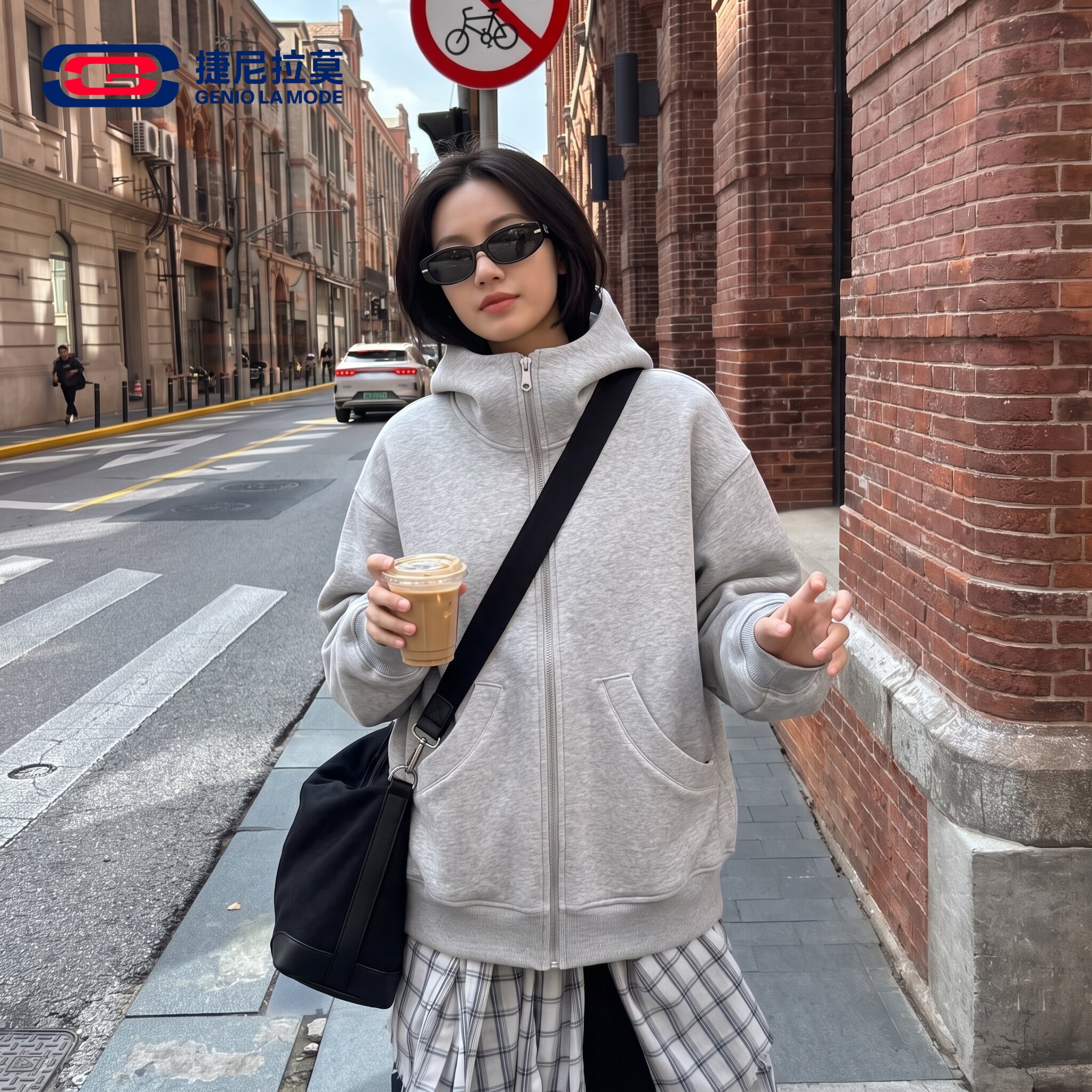 捷尼拉莫简约纯色连帽拉链卫衣男女款春秋季宽松休闲夹克开衫外套