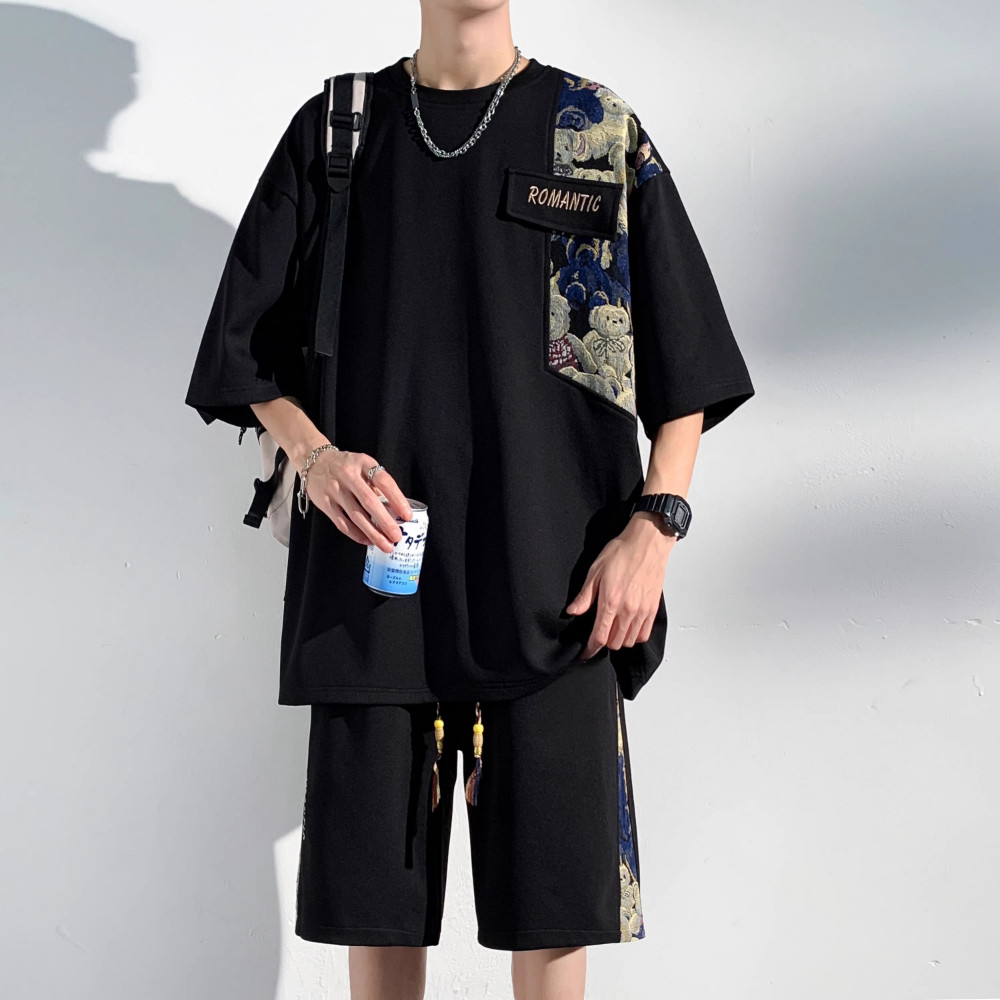 GENIO LAMODE短袖短裤套装夏季新中式国潮拼接宽松大码运动休闲服