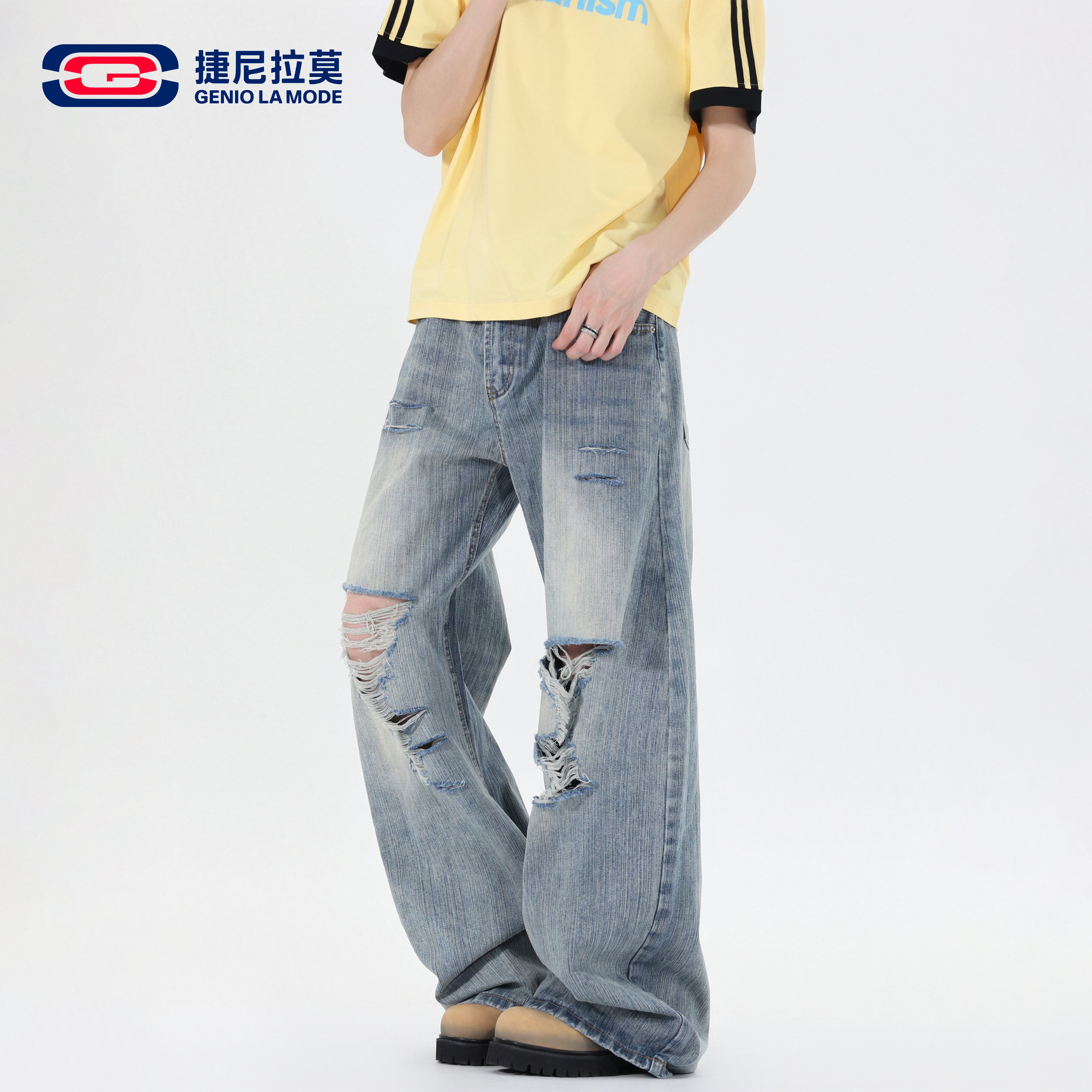 美式破洞直筒牛仔裤垂感阔腿裤