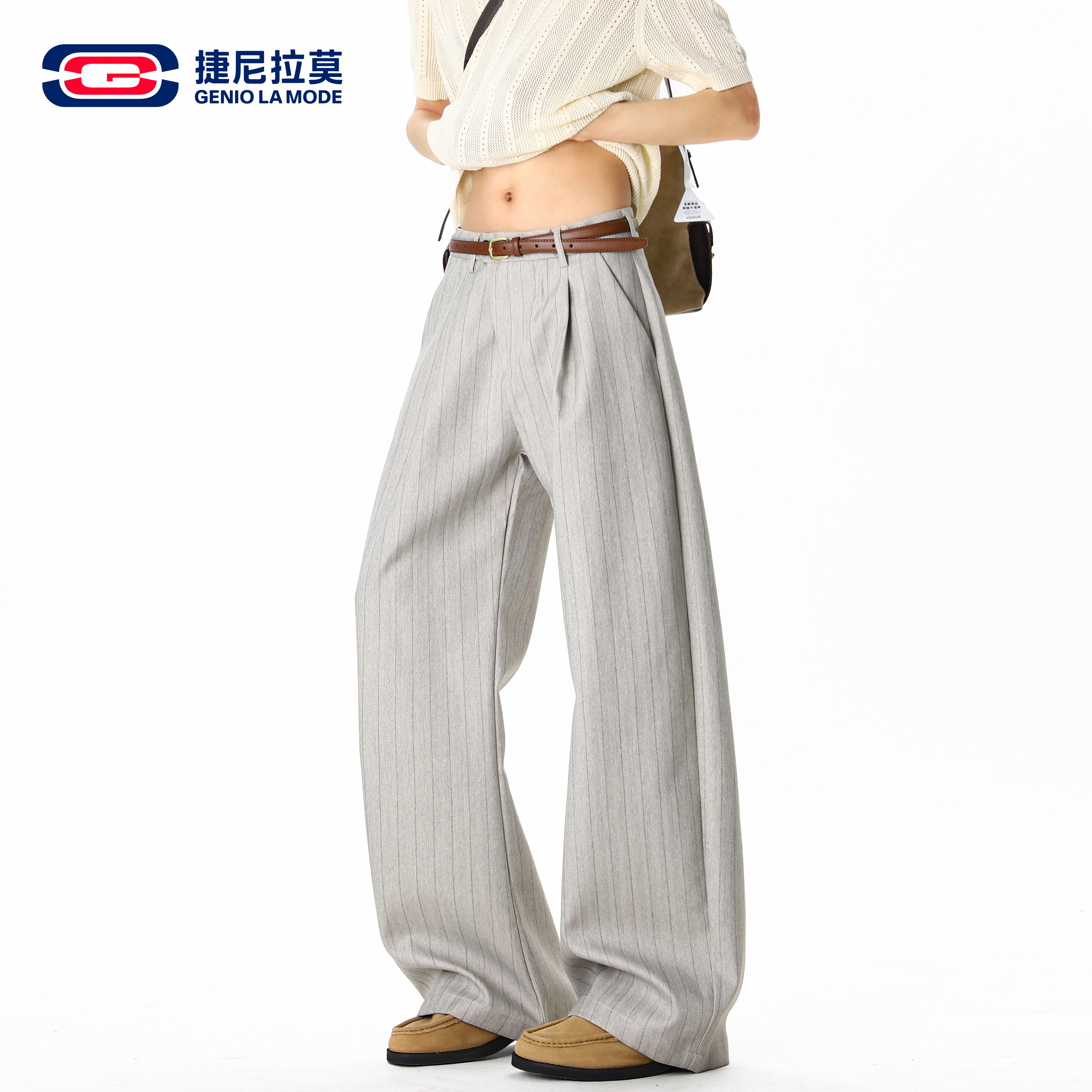 捷尼拉莫高级灰竖条纹阔腿西裤男