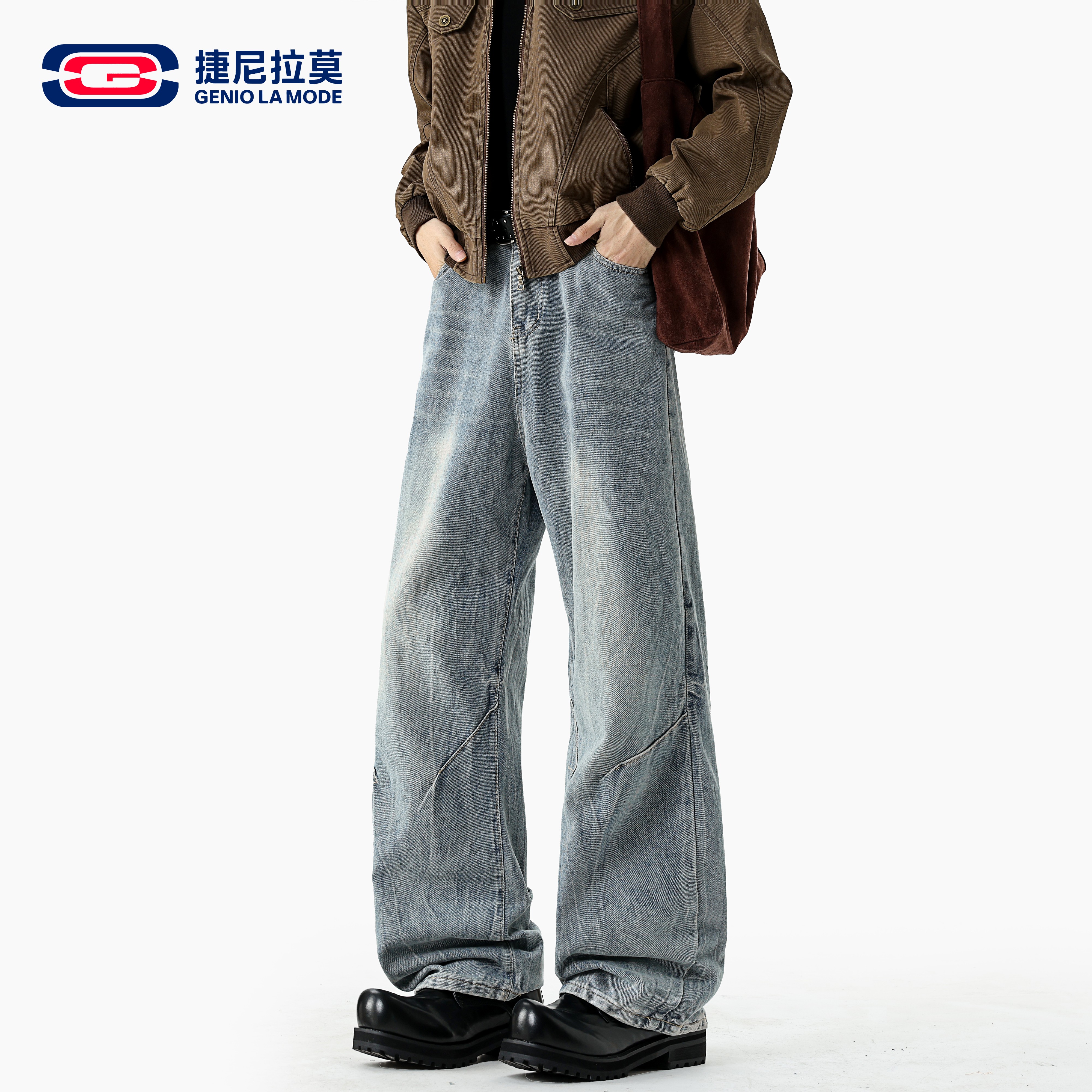 捷尼拉莫美式复古宽松阔腿牛仔裤