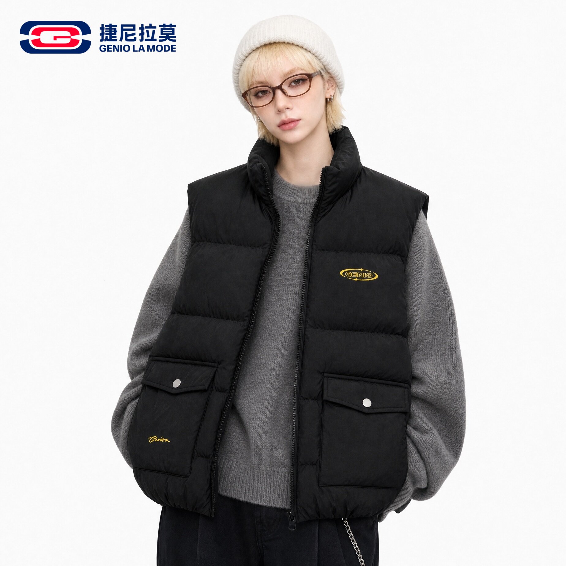 捷尼拉莫简约保暖羽绒马甲男女秋