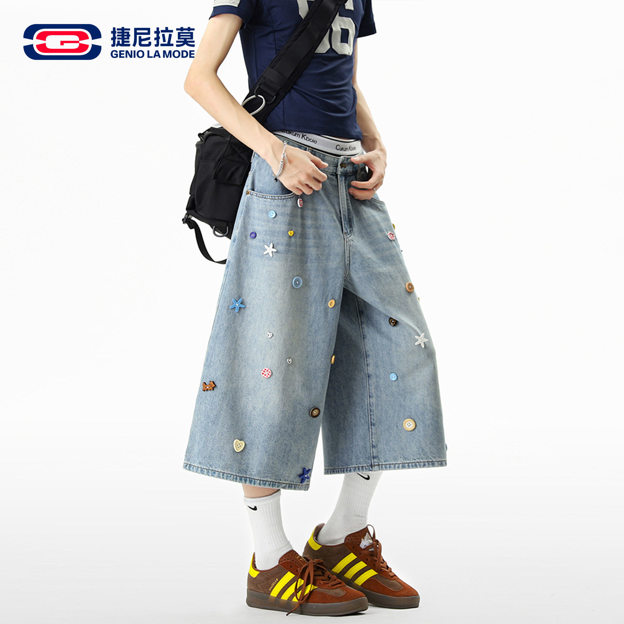 GENIO LAMODE捷尼拉莫彩色纽扣牛仔短裤男女夏季设计感阔腿七分裤
